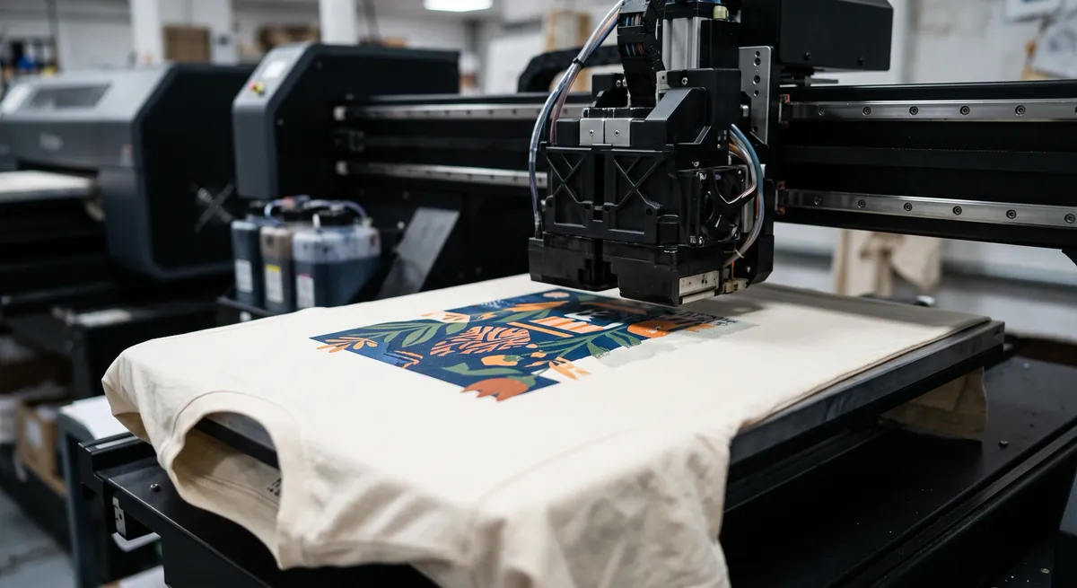 A direct-to-garment printer part-way through printing a colourful floral design onto a cream t-shirt stretched flat on the machine's platen.