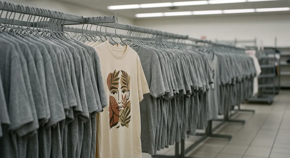 A shop rail packed with identical grey t-shirts, with a single cream shirt among them — the only one carrying a printed illustration.