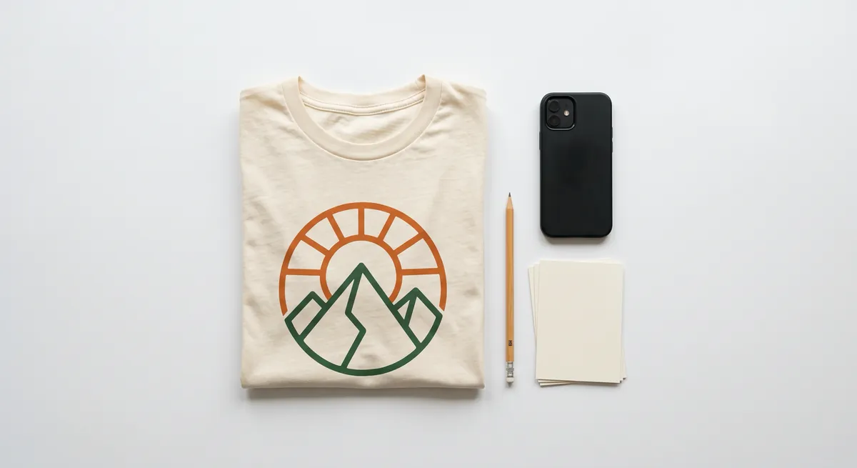 A folded cream t-shirt printed with a simple sun-and-mountains graphic, laid out on a white surface beside a phone, a pencil and a small stack of blank paper.
